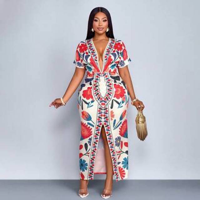 Maweii 2025 Spring And Summer Plus Size Women&#39;s Luxury Holiday Elegant Floral Positioning Print V-Neck Waist Long Blue Dress Holiday Dress