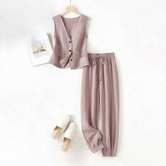 SHEIN Women&#39;s Casual Spring/Summer Linen Vest And Pants Set, For Vacation