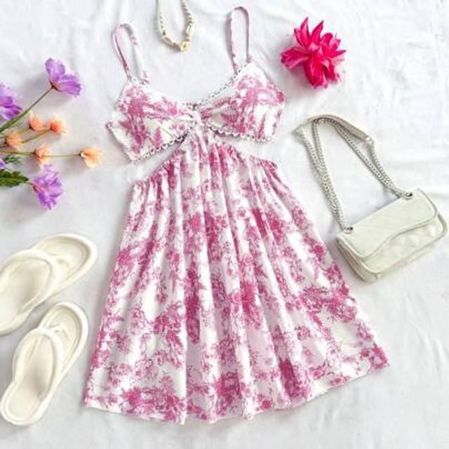 Soleia Romantic Casual Vacation Blue & White Printed Contrast Lace Back Lace-Up Hollow Out V-Neck Slip Dress For Women