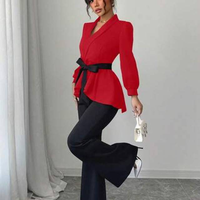 INAWLY 2pcs/Set Women&#39;s Long Sleeve V-Neck Color Block Bowknot Wrap Jacket & Pants Suit