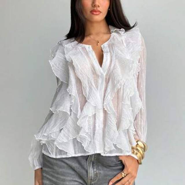 Aloruh Women&#39;s Spring/Summer Vacation Bohemian Romantic Sheer Ruffle Long Sleeve White Blouse