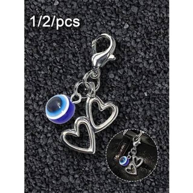 SHEIN 1pc Blue Evil Eye Keychain And Alloy Heart-Shaped Spring Clip Zipper Puller Keychain ,Stainless Steel Key Chain ,Bag Charm Cute Daily Bag Accessory,Co