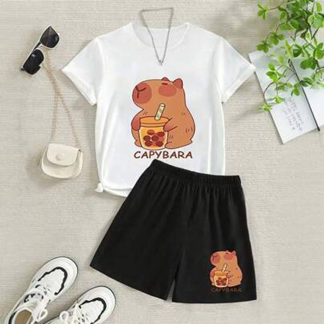 SHEIN 2pcs/Set Girls Capybara Printed Round Neck Short Sleeve T-Shirt And Knit Shorts, Cute Summer Outfits
