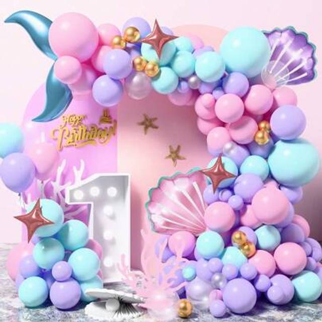 SHEIN 116 Pieces, Pink, Blue, Purple Latex Balloons, Blue Fish Tail Balloon Chain Arch Set, Birthday Party Wedding Party Background Decoration Supplies, Mer