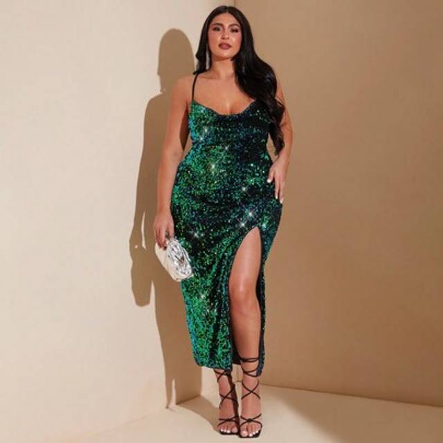 SHEIN Plus Size Fall Crisscross Backless Split Thigh Sequin Cami Dress Women&#39;s Sparkly Draped Neck Side Slit Hem Fancy Spaghetti Strap Summer Dress Green Ve