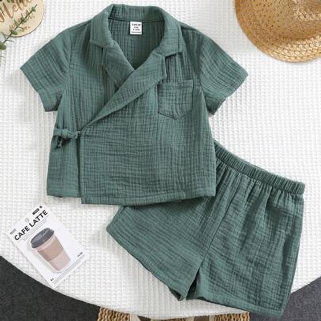 SHEIN 2pcs/Set Baby Boy Summer Casual Holiday Cute Green Kimono Style Short Sleeve Shirt & Shorts Outfit, Suitable For Birthday Party, Wedding, Baby Shower