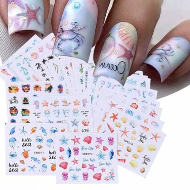 SHEIN 24 PCS Pretty Ocean Nail Art Stickers Water Transfer Decals Shells Star Fish Seahorses Dolphins Fish Pattern Watermark Sliders Nail Art Decoration Man