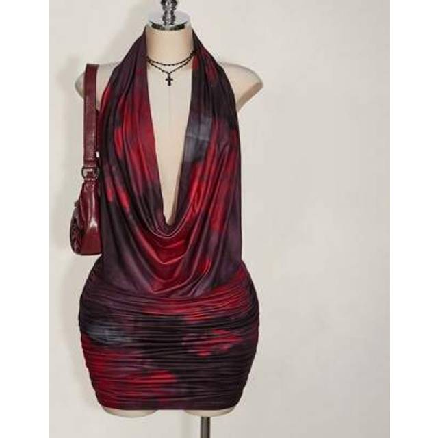SHEIN Ladies&#39; Black Large Floral Print Holiday Off-The-Shoulder Backless Ruched Mini Dress,Club Outfits Women Sexy