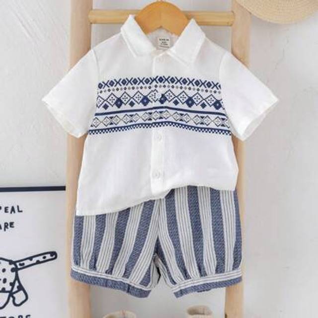 SHEIN Baby Boy Cute Retro Pattern Short Sleeve Shirt And Shorts 2 Pieces Set, Versatile For Summer