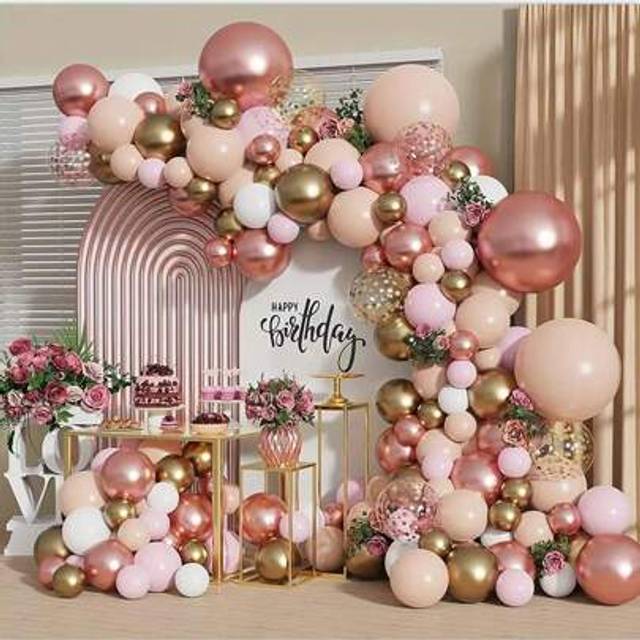SHEIN 102PCS Rose Gold Balloon Arch Garland Kit, Nude Pastel Pink Metallic Gold White Confetti Balloons For Wedding Bridal Shower Princess Birthday Party Ba