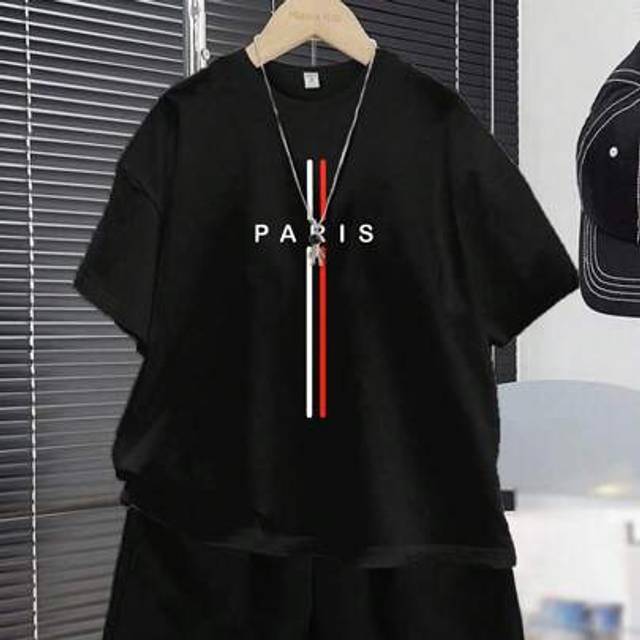SHEIN 2pcs/Set Boy Casual Classic Vertical Striped & Paris Text Graphic Printed Short Sleeve T-Shirt And Shorts Set, Suitable For Summer