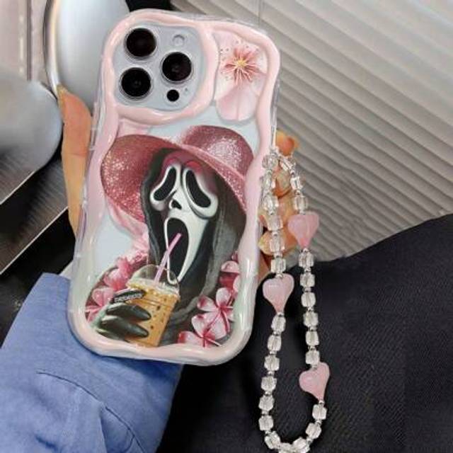SHEIN Ghost Face Cream Printed Wavy Edged Enamel Painted Handmade Beaded Bracelet Protective Phone Case, Suitable Compatible With Iphone 15, 15 Pro Max, App