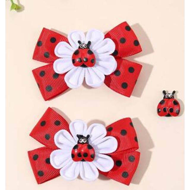 SHEIN 2pcs Ladybird Decor Hair Bow Clips For Girls,Black Polka Dot Print Hairpins ,Satin Ribbon Alligator Clips With Ladybird Accessories ,Hair Accessories