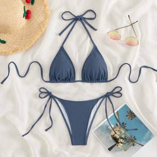 SHEIN Solid Color Summer Beach Halter Neck Two Pieces Bikini Set