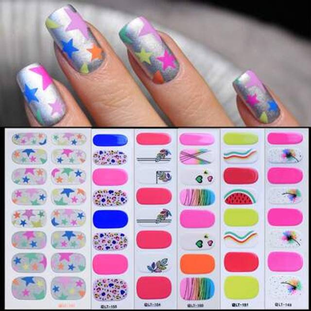 SHEIN 6pcs/Set Colorful Nail Stickers, Full Wrap Self-Adhesive Nail Strips, DIY Nail Art Decals, Festival Decorative Nail Polish Stickers