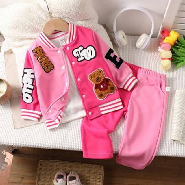 SHEIN Baby Girls&#39; Cute Bear Print Warm Stylish Fashion Set, Autumn/Winter