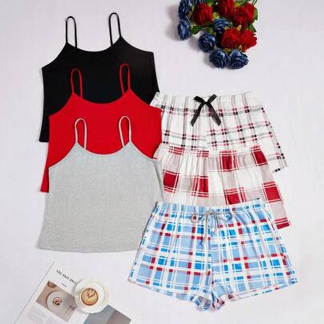 SHEIN 3pcs Women Casual Pajama Set With Contrast Plaid Print Camisole And Shorts