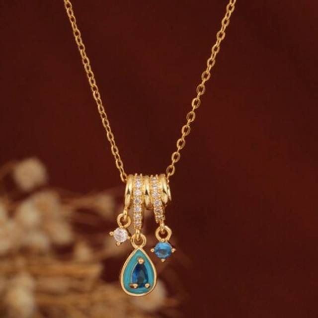 SHEIN 1pc Aurora Ice Blue Waterdrop Stainless Steel Teardrop Pendant Necklace, 18K Gold Micro Diamonds, Suitable As Gift For Wife, Female Friend, Wedding Pr
