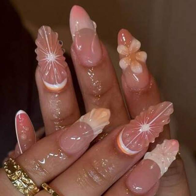 SHEIN 24Pcs Long Almond 3d Gelnails Makes Flower Nails Design French Tip Press On Nails Medium Three-Dimensional Alloy Cross Decoration With Pearl Design Fi