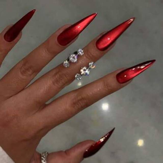 SHEIN 24pcs Long Stiletto Crystal Red Cat Eye Tip Acrylic Press On Nails XXL Long Fit Perfectly False Nails Set ,Include: 1pc Jelly Glue And 1pc Nail File,