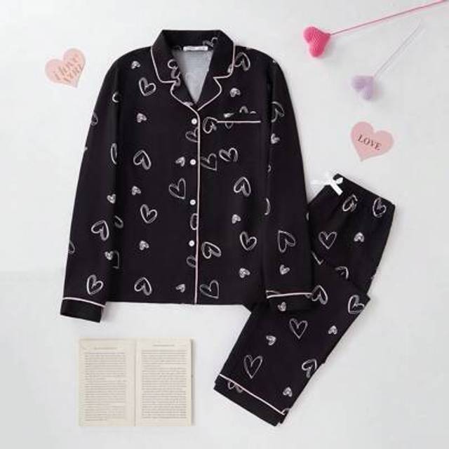SHEIN 2pcs/Set Teen Girls Casual Heart Print Long Sleeve Top And Long Pants Pajamas Set S Pajama Set Teen Pajama Sets Pajama Sets For Teen Pajama Sets For T
