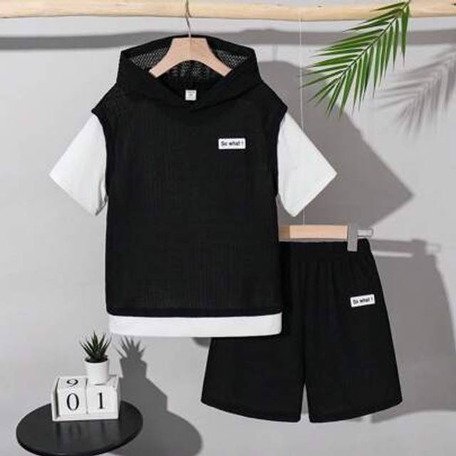 SHEIN 2pcs Tween Boys Casual Solid Color Contrast Patchwork Waffle Hooded Short Sleeve T-Shirt And Elastic Waist Shorts Set, Suitable For Autumn, Spring, Su
