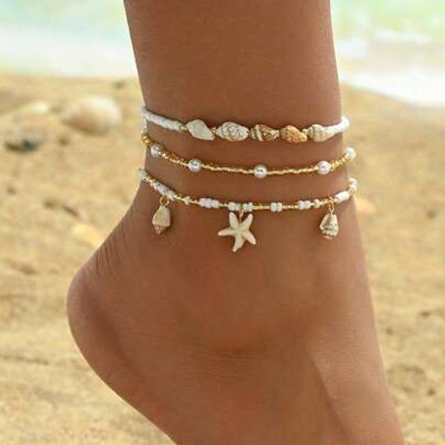 SHEIN 3pcs/Set Women Simple Beaded Sea Shell & Starfish Pendant Anklet, Minimalist Beach Resort Style Foot Jewelry Suitable For Daily Wear And Travel