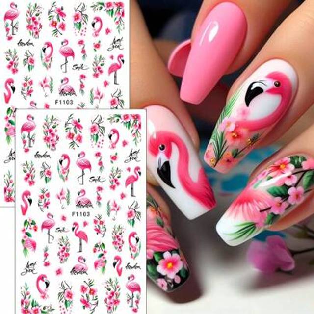 SHEIN 2pcs Pink Flamingo Turtleback Flowers Nail Sticker Bamboo Green Leaf Animal Spring Summer Nail Art Decals Self Adhesive Nail Charms Decorations