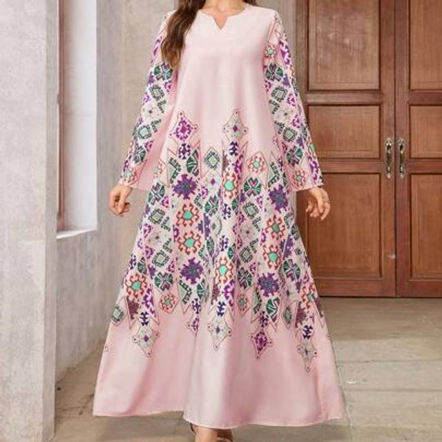 SHEIN V-Neck Dress, All Over Printed Design, Thick Soft 4-Way Stretch Fabric, Elegant Luxury Arabic Style Women Long Dress, Modest