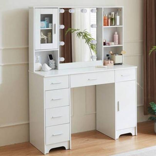 SHEIN Dressing Table Vanity Makeup Desk With LED Light Mirror And Cabinet Large Drawer