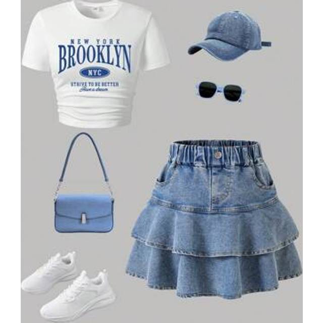 SHEIN Tween Girls Letter Graphic Print Short Sleeve Top And Denim Skirt Set