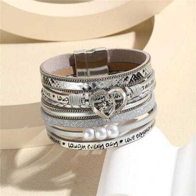 SHEIN 1PC Mother And Child Love Pearl Silver Leather Bracelet For Women Mother&#39;s Day Gift