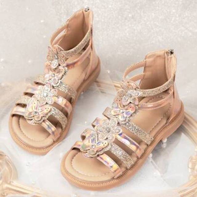 SHEIN Girls Sequin Woven Soft Bottom Sandals, Gold PU Princess Shoes, Casual Children Roman Sandals, Suitable For Summer Everyday Wear, Party & Wedding