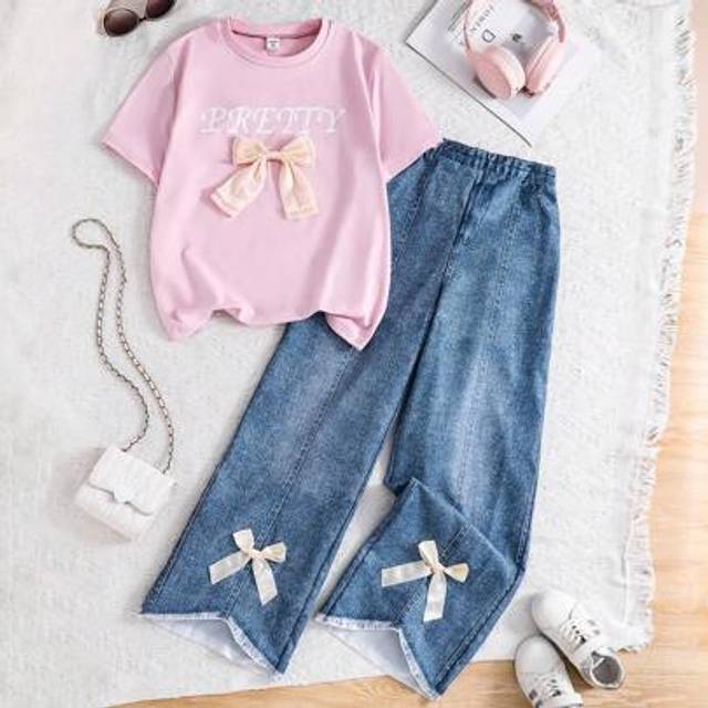 SHEIN 2pcs/Set Teenage Girls Bow Short Sleeve T-Shirt And Print Wide Leg Jeans Pants Set