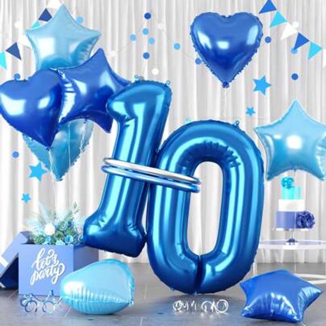 SHEIN Blue & Navy Blue Number Balloons Set, Foil Star & Heart Balloons With Long Balloons, Suitable For Birthday Party And Baby Shower Decoration