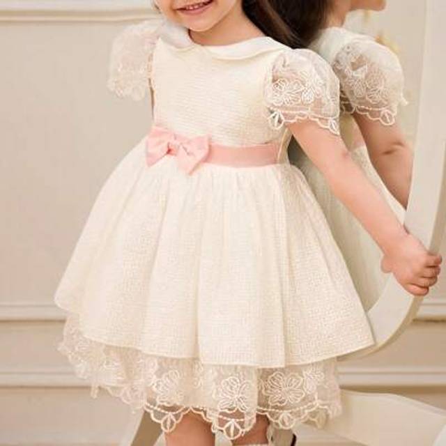 SHEIN Flower Girl/Birthday Party/Wedding Occasion White Dress With Puff Sleeves, Bowknot Decor, Princess Tulle Mesh Flounced Dress For Baby/Baby Girl Suitab