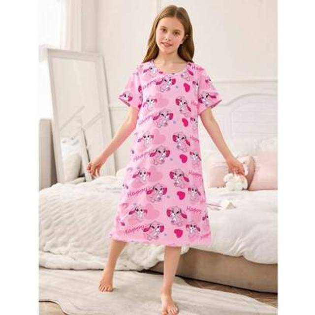 SHEIN Tween Girl Cute Rabbit & Heart Print Long Dress, Happy Text, Soft Milk Silk Fabric, Comfortable & Sweet Sleepwear