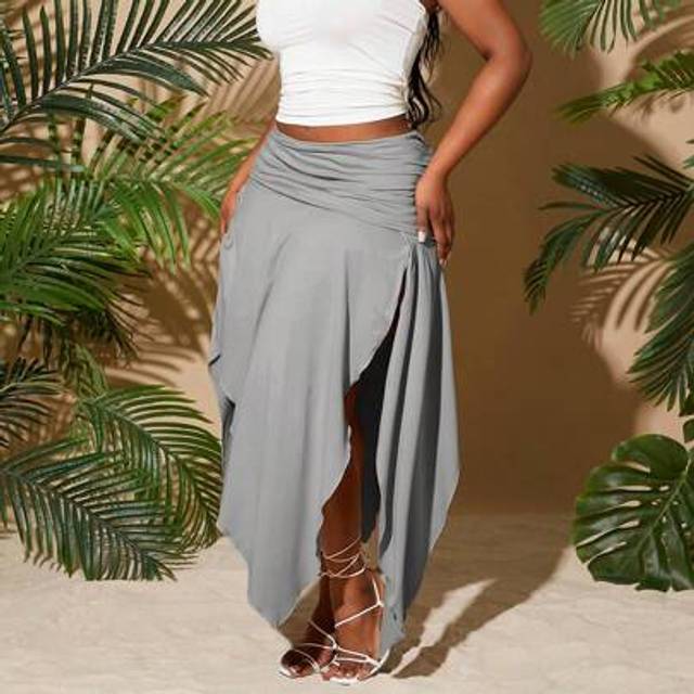 SHEIN Plus Size Women&#39;s 2025 Spring & Summer New City Vacation Gray Solid Color Ruched Waist Asymmetrical Hem High Slit Sexy A-Line Skirt, Suitable For Beac