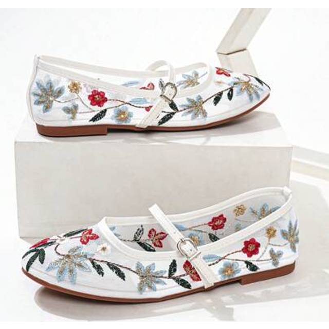 SHEIN Women&#39;s Breathable Mesh Flats With Floral Embroidery Design, Round Toe Soft Ballet Shoes, Suitable For Vacation, Casual And Daily Wear