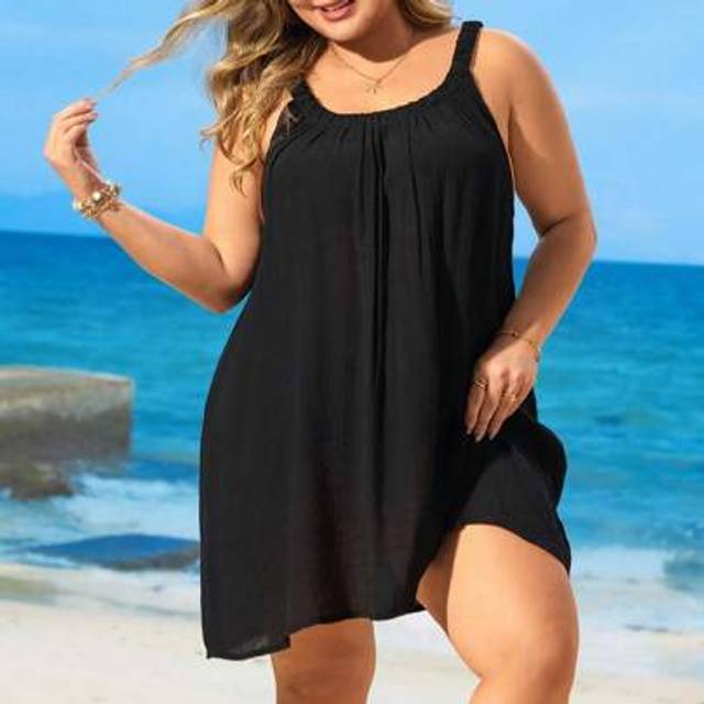 SHEIN Plus Size Women Black Elastic Beach Dress/Cover-Up