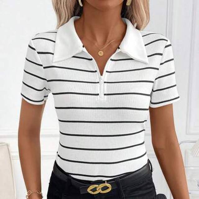 SHEIN Women&#39;s Black & White Striped Knit Short Sleeve Polo Shirt, Elegant Everyday Wear T-Shirt