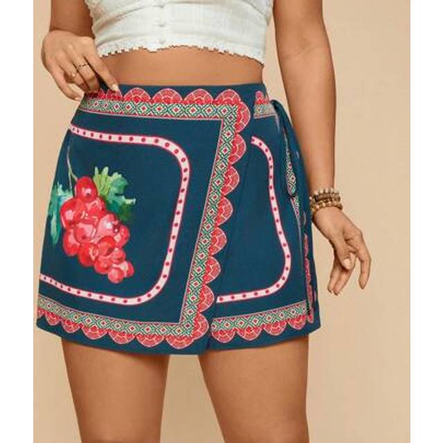 Travachic Plus Size Women Tropical Fruit Print Tie-Up Shorts, Casual Holiday Style