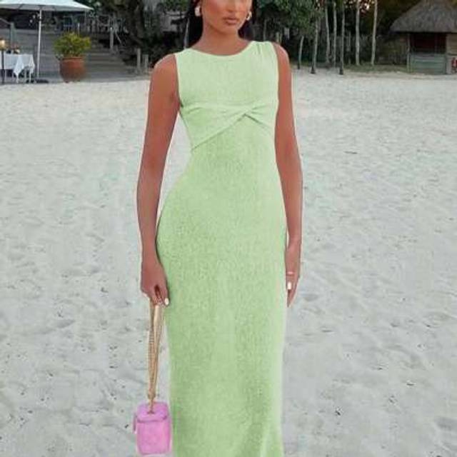 SHEIN Summer Women&#39;s Vacation Style Solid Color Sexy Semi-Sheer Sleeveless Tight Wrap Knit Beachwear Sleeveless Long Dresses