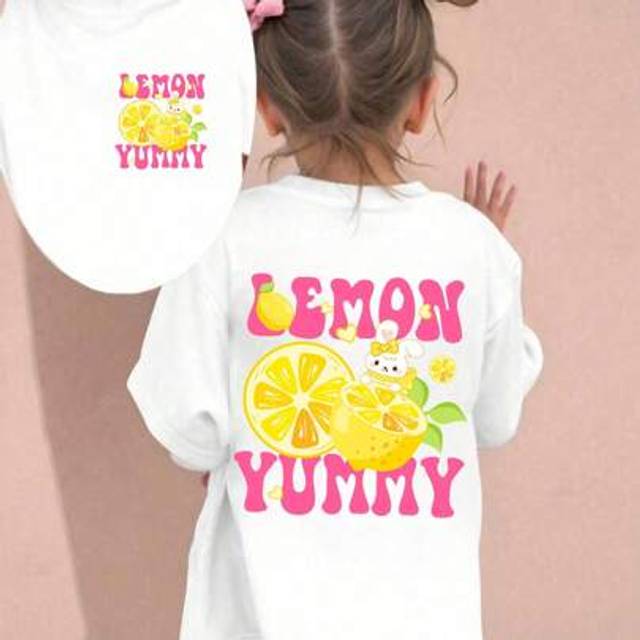 SHEIN Young Girl Lemon Print Round Neck Short Sleeve Casual T-Shirt Tween Girl Letter & Lemon Print Round Neck Short Sleeve T-Shirt Yellow For Girl Yellow T