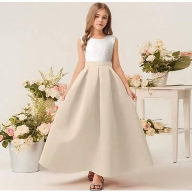 SHEIN Tween Girl&#39; Satin Round Neck Sleeveless A-Line Princess Dress, Suitable For Wedding, Birthday Party, & Elegant Wedding Bridesmaid/Flower Girl Vacation