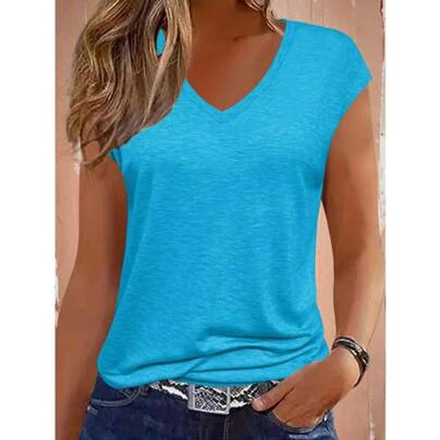 SHEIN Women V-Neck Cap Sleeve Solid Color Casual Versatile T-Shirt