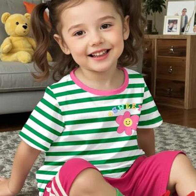 SHEIN Cute Floral & Striped Pattern, Young Girl Casual Minimalist Round Neck Short Sleeve T-Shirt, Suitable For Spring And Summer