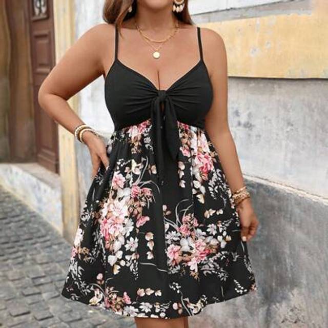SHEIN Plus Size Floral Print Knot & Ruched Casual Slip Dress,Sun Dresses For Women,Sundress