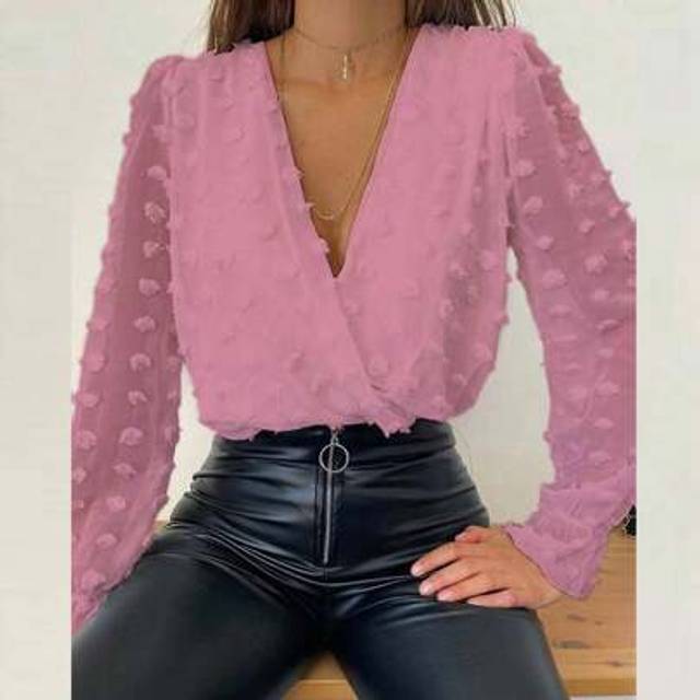 SHEIN Womens V Neck Sexy Blouse Ladies OL Work Office Tops Lace Mesh Long Sleeve Loose Casual Solid T Shirt Tops