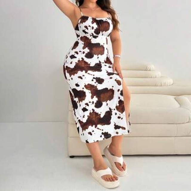 SHEIN Women&#39;s Summer Music Festival New Cow Print Spaghetti Strap Split Dress,Sun Dresses For Women,Sundress